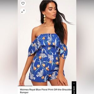 Lulus Waimea Royal Blue Floral Print Off-the-Shoulder Romper size medium